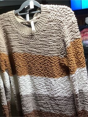 Chunky Striped Popcorn Knit Sweater - Beige, Brown, White
